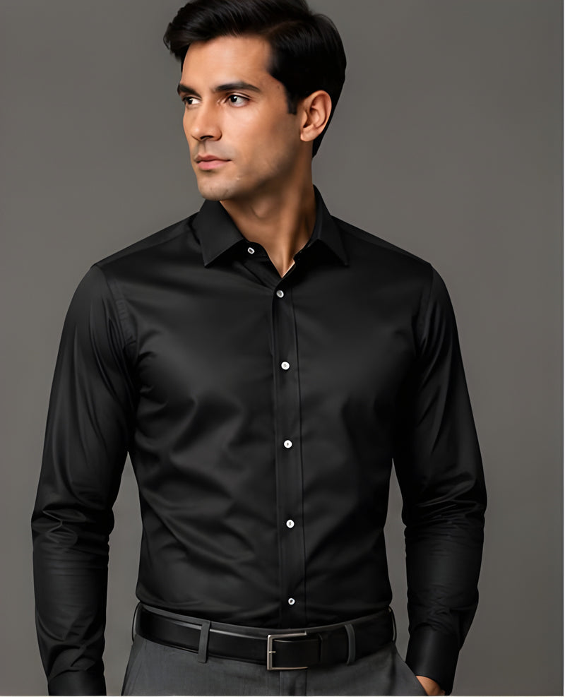 Clewelle Black Slim Fit Premium Formal Shirt worn, front view