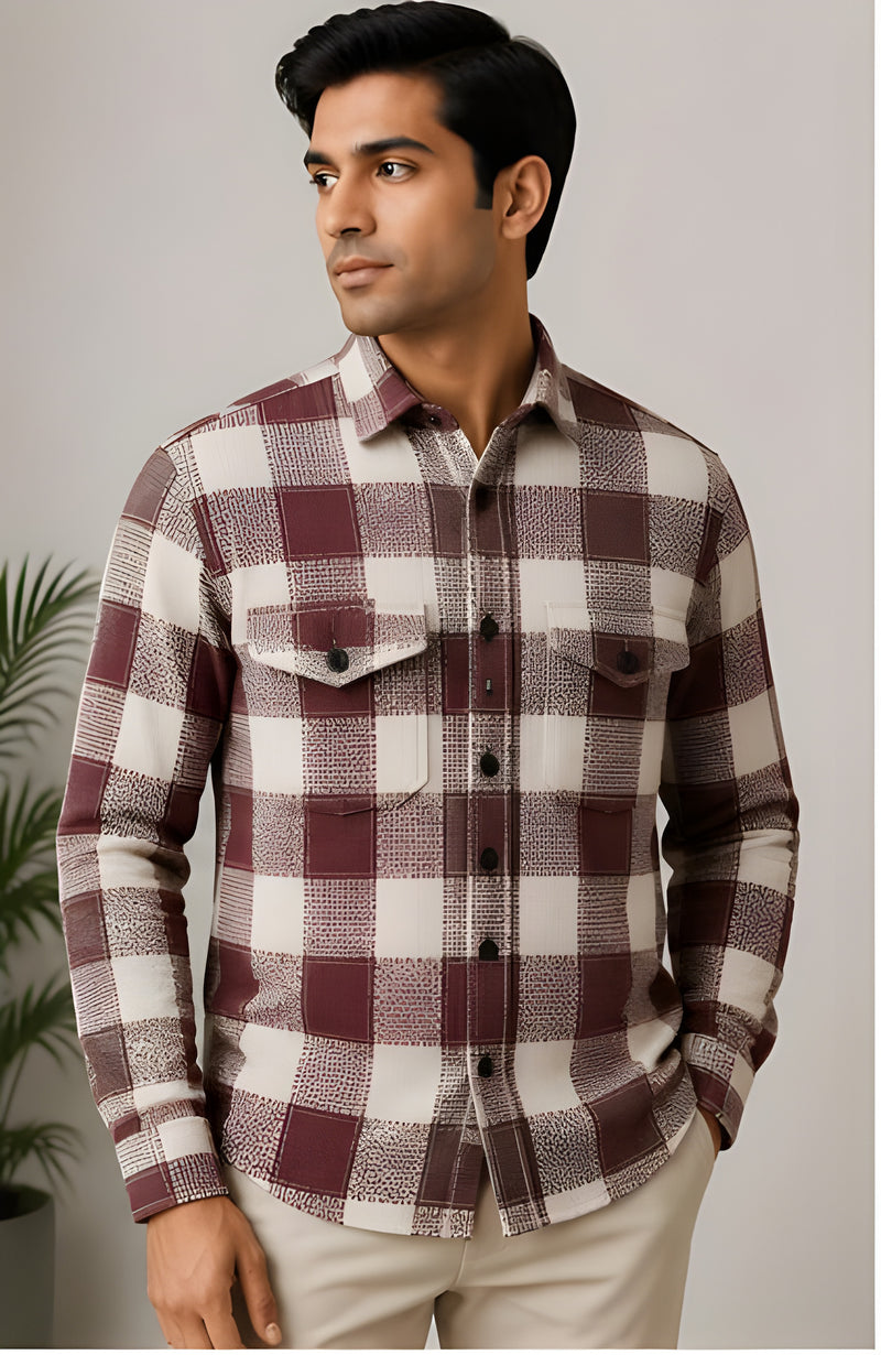 Clewelle Burgundy Check Casual Shirt worn, front view