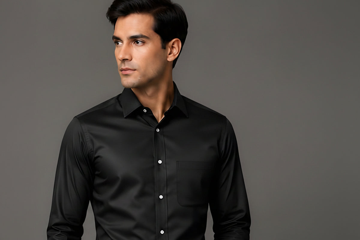 Clewelle Black Slim Fit Premium Formal Shirt worn, front view