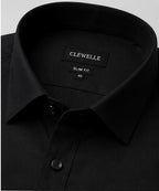 Clewelle Black Slim Fit Premium Formal Shirt collar and brand label close-up