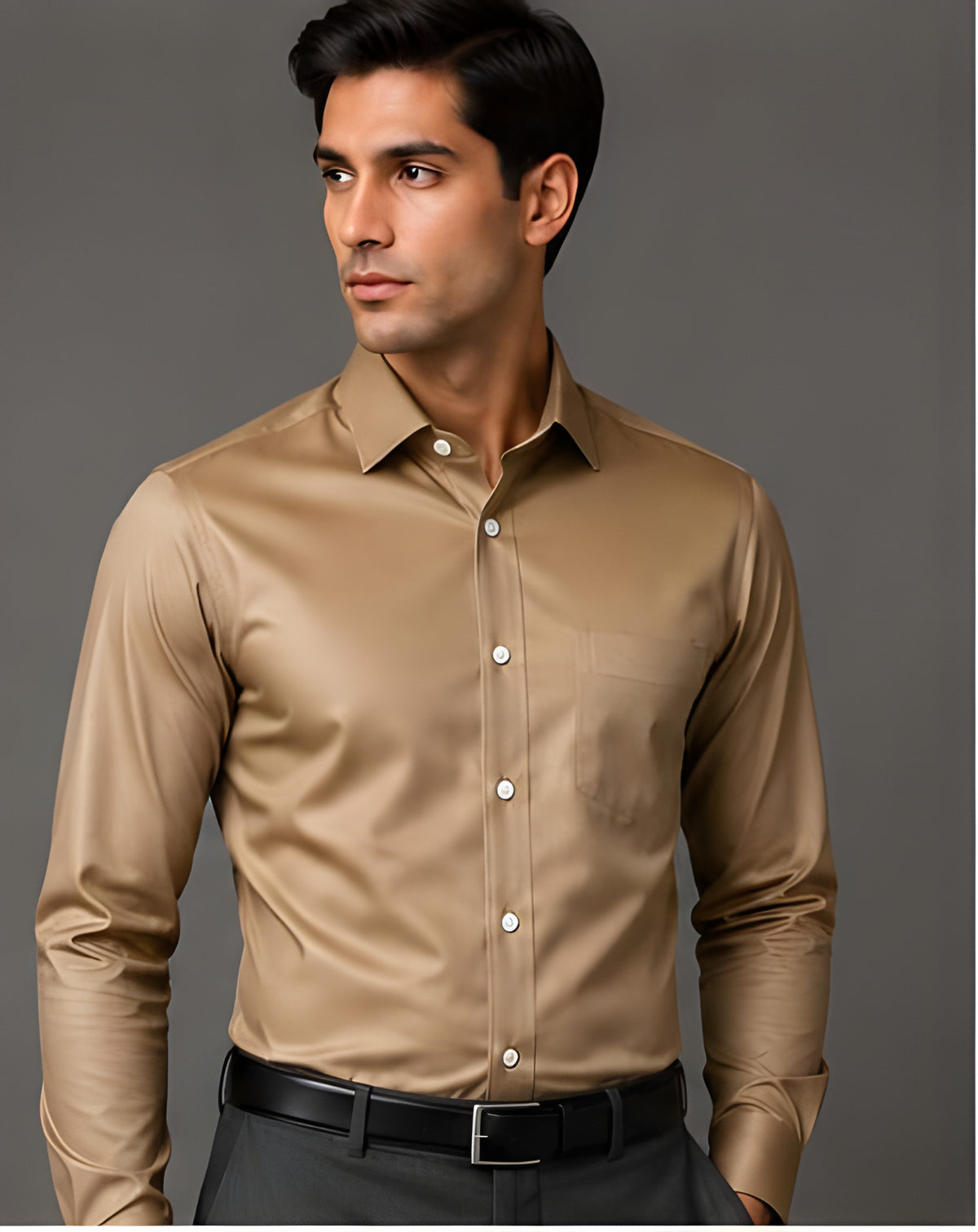 Clewelle Camel Premium Formal Shirt worn, front view