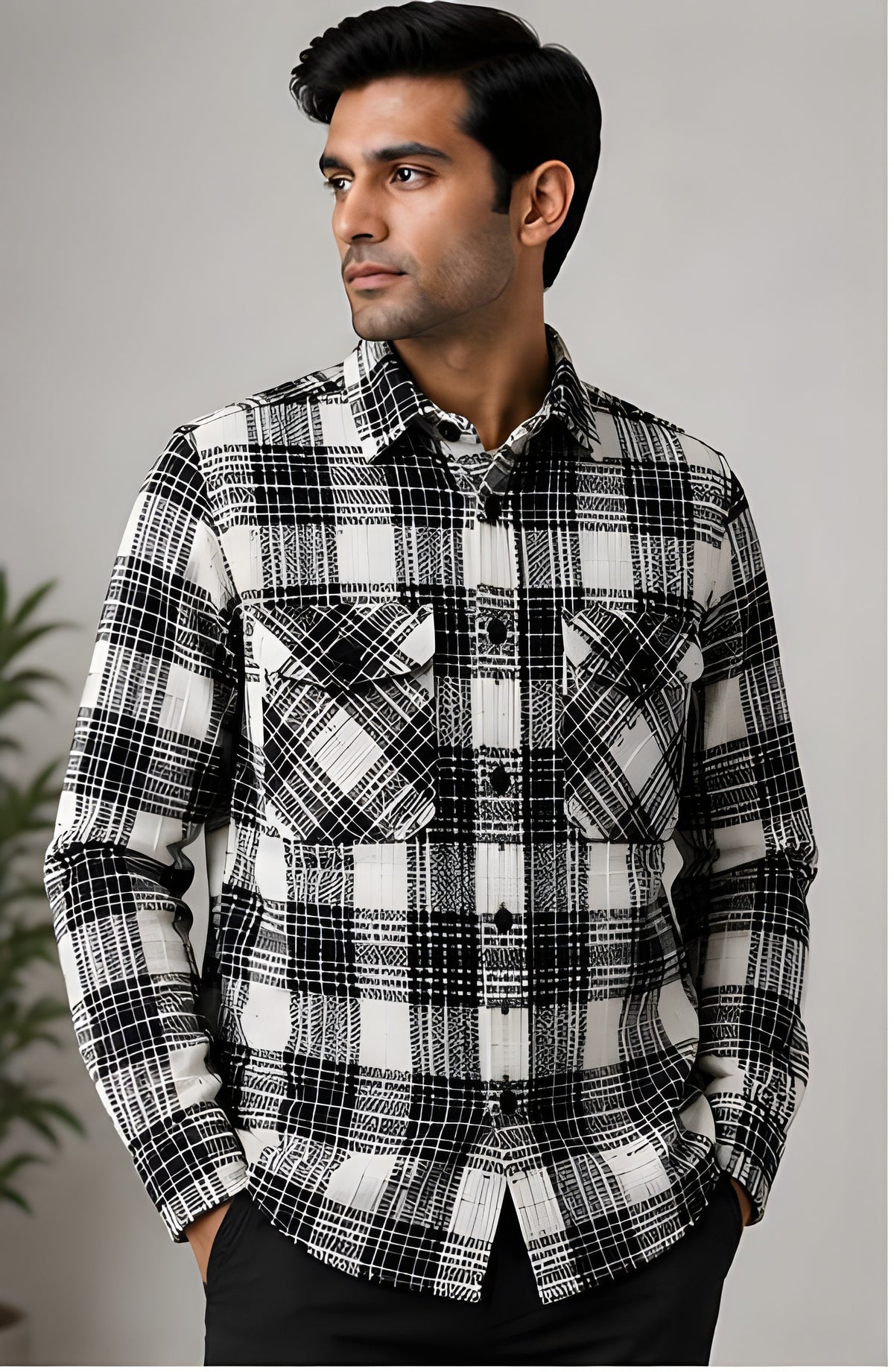 Clewelle Monochrome Check Casual Shirt worn, front view