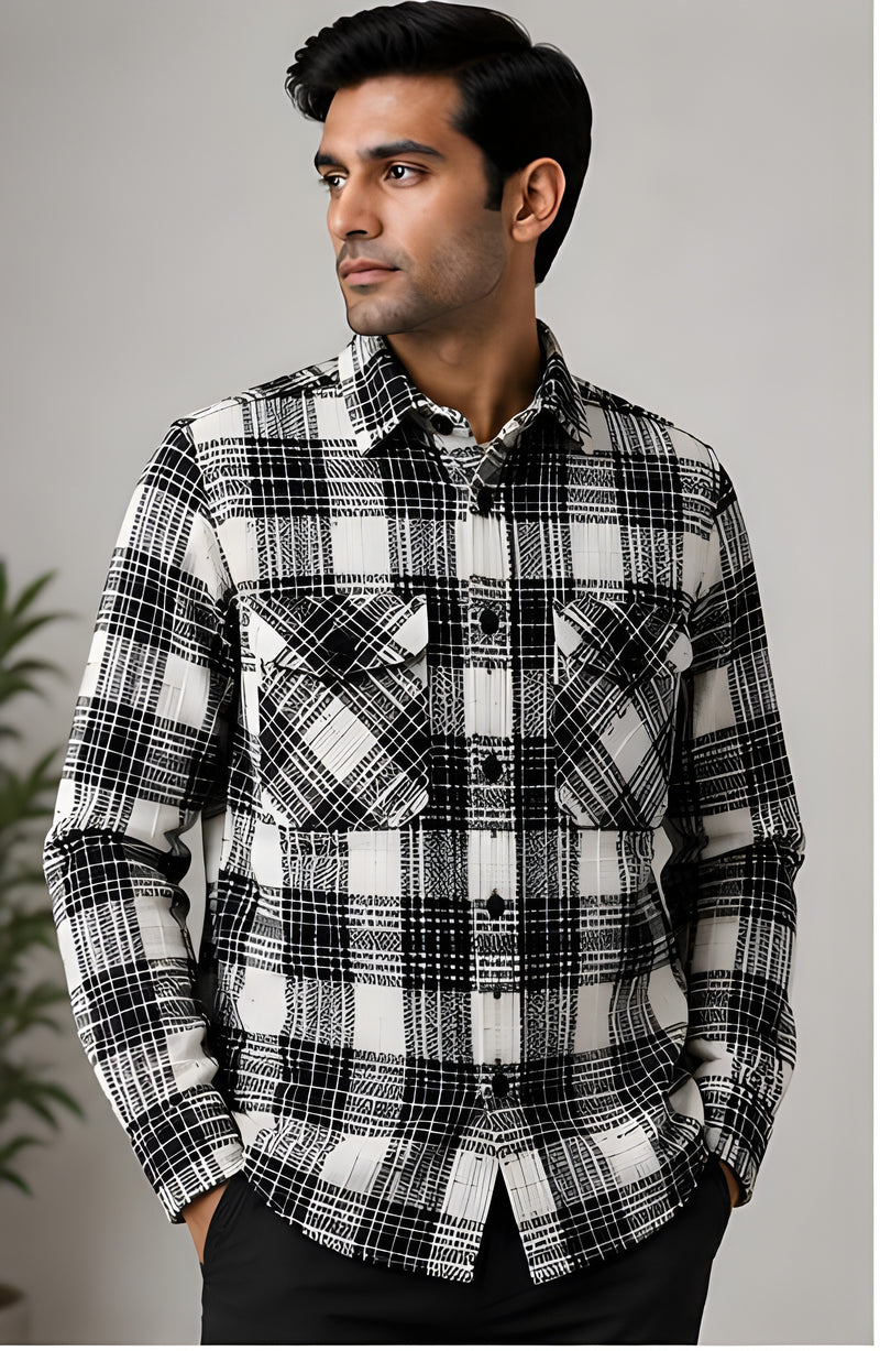 Clewelle Monochrome Check Casual Shirt worn, front view