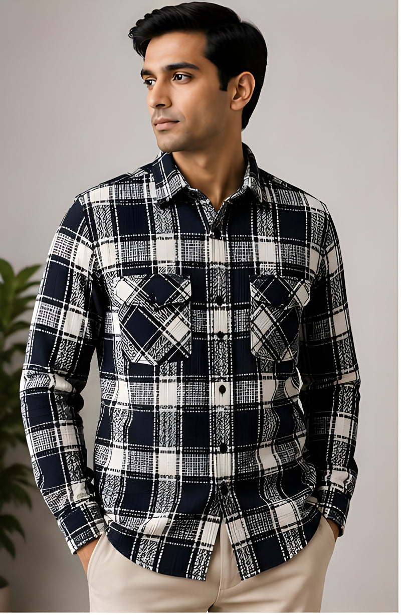 Clewelle Navy Check Casual Shirt worn, front view