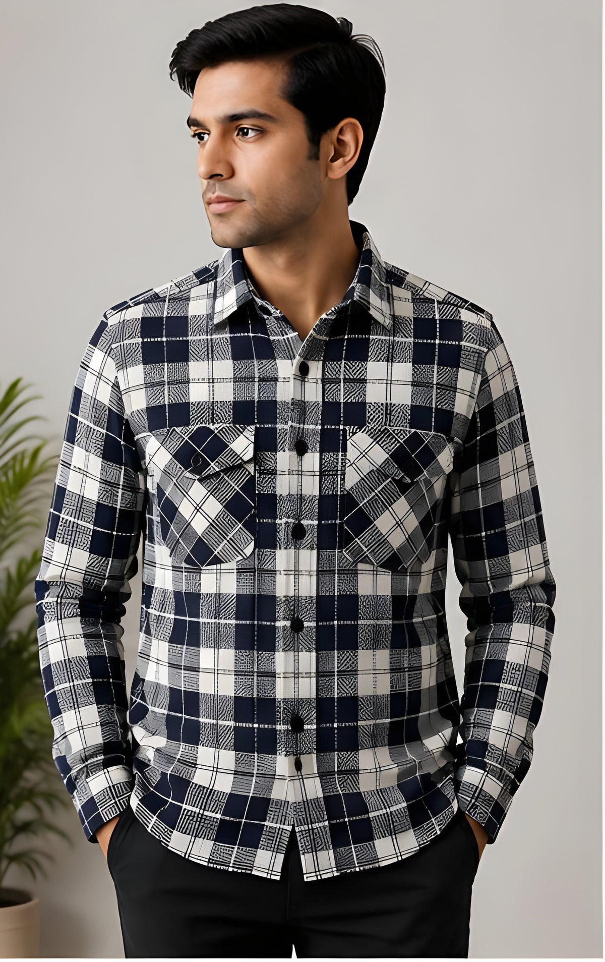 Clewelle Navy Fine Check Casual Shirt worn, front view