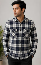 Clewelle Navy Fine Check Casual Shirt worn, front view