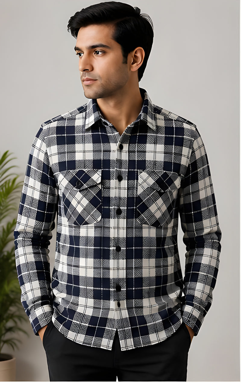 Clewelle Navy Fine Check Casual Shirt worn, front view