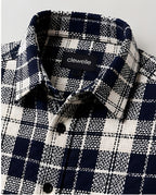 Clewelle Navy Fine Check Casual Shirt collar and brand label close-up