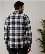 Clewelle Navy Fine Check Casual Shirt worn, back view